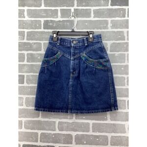 Vintage Chic Floral Trim Denim Mini Skirt Dark Wash High Waist‎ Western Size 7